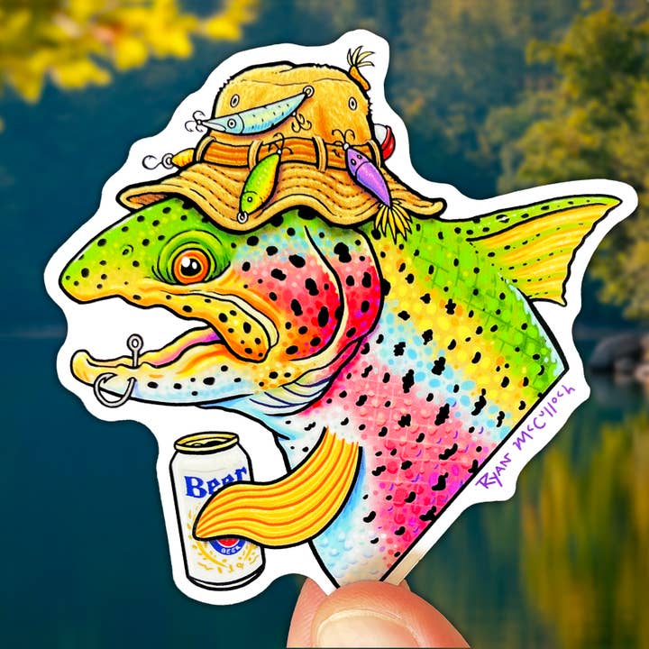 Ryan McCulloch Art - Venta al por mayor Pegatina - PEGATINA DE VINILO o HOLOGRÁFICA: Gone Fishing Trucha Arcoíris