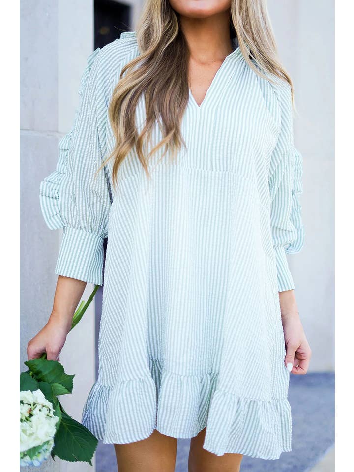 Myosotis Stripe Ruffle 3/4 Sleeve Mini Dress for wholesale on Faire