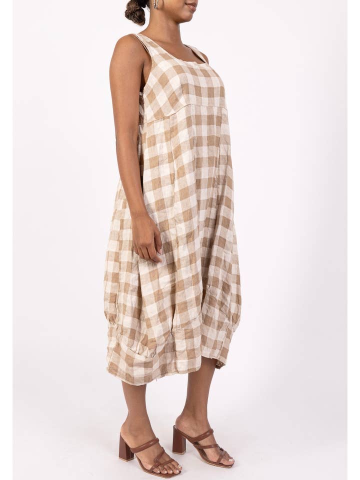 LINEN & COTTON HOUSE - Wholesale Dress β Women's - LINEN DRESS WITH POCKETS, GINGHAM CHECK PATTERN 32213