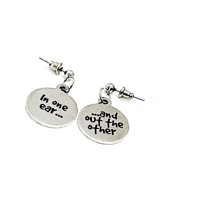 In One Ear And Out The Other Earrings: Stainless Steel Charm Earrings for wholesale by JKCE Designs