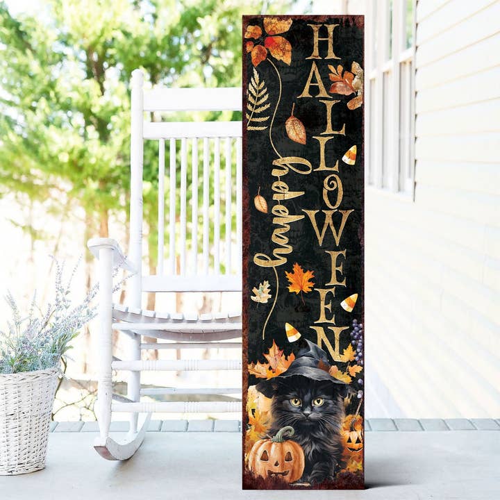 TX USA Corporation - Wholesale Outdoor Sign - 36in Happy Halloween Porch Sign - Front Porch Halloween Black Cat Welcome Sign, Vintage Halloween Decoration, Modern Farmhouse Decor