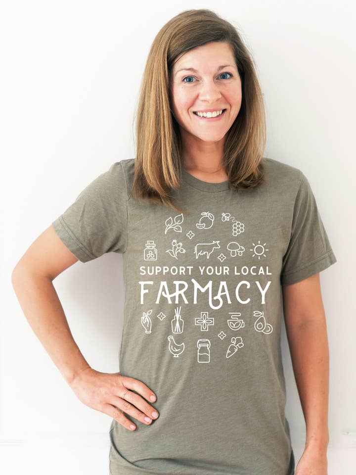 Local Food T-Shirt – Support Your Local FARMacy (Adult) for wholesale by Nature Supply Co