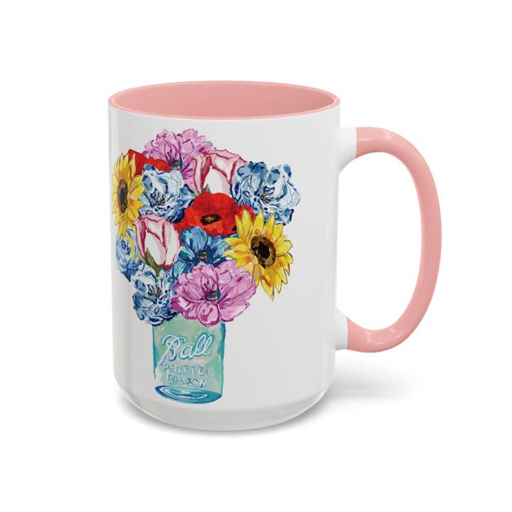 Blue Cava - Wholesale Coffee Mug - Spring Floral Mason Jar Two Tone Ceramic Mug - 11 oz & 15 oz45