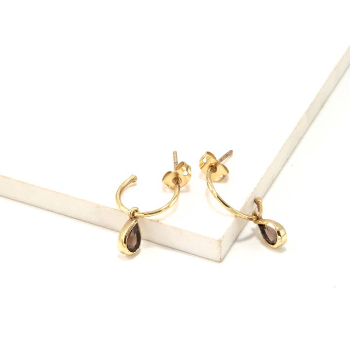 Fair Anita - Wholesale Hoop earrings - Luxe Brass Pendant Hoops - Smokey Quartz Crystal