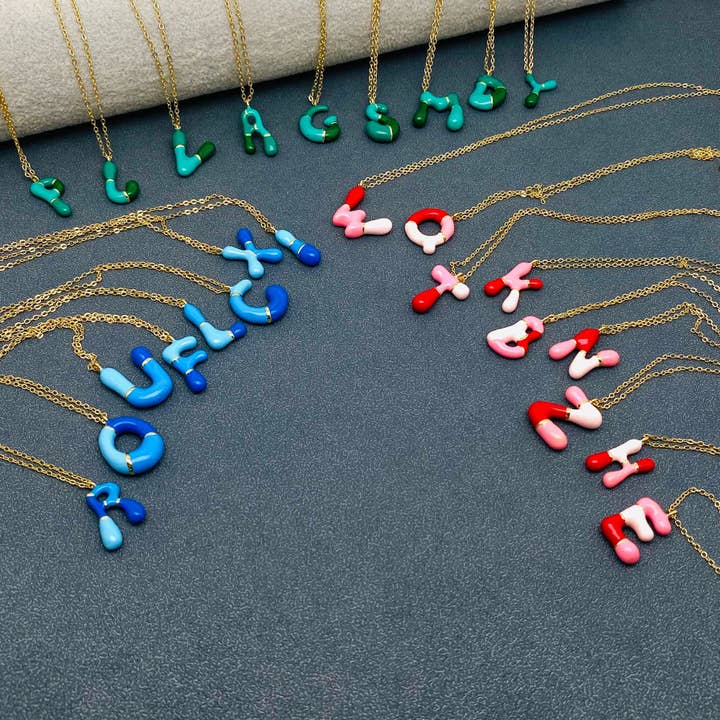 Mio Queena - Wholesale Pendant/Charm Necklace - Bright Enamel Initial Bubble Charm 14K Gold Plated Necklace