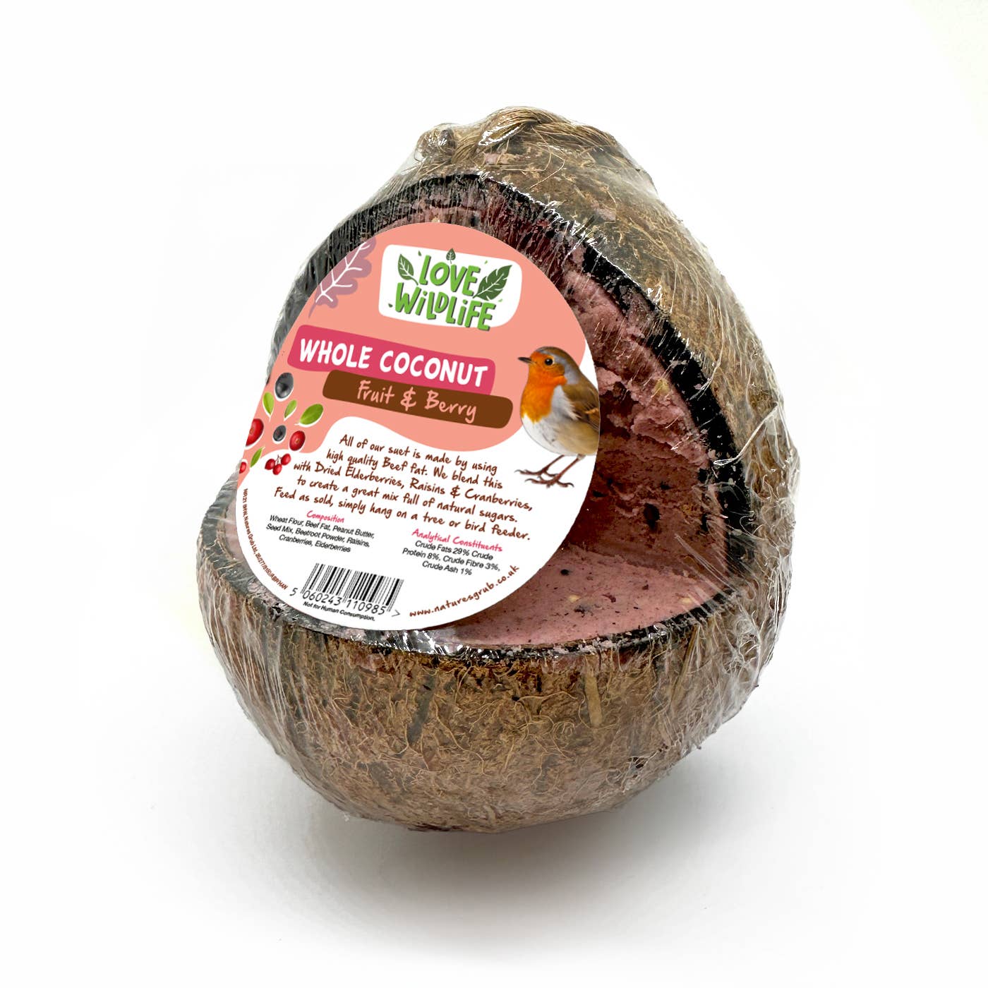 Natures Grub – wholesale Pet food – Not cat/dog – Love Wildlife Fruit & Berry Whole Suet Filled Coconut0