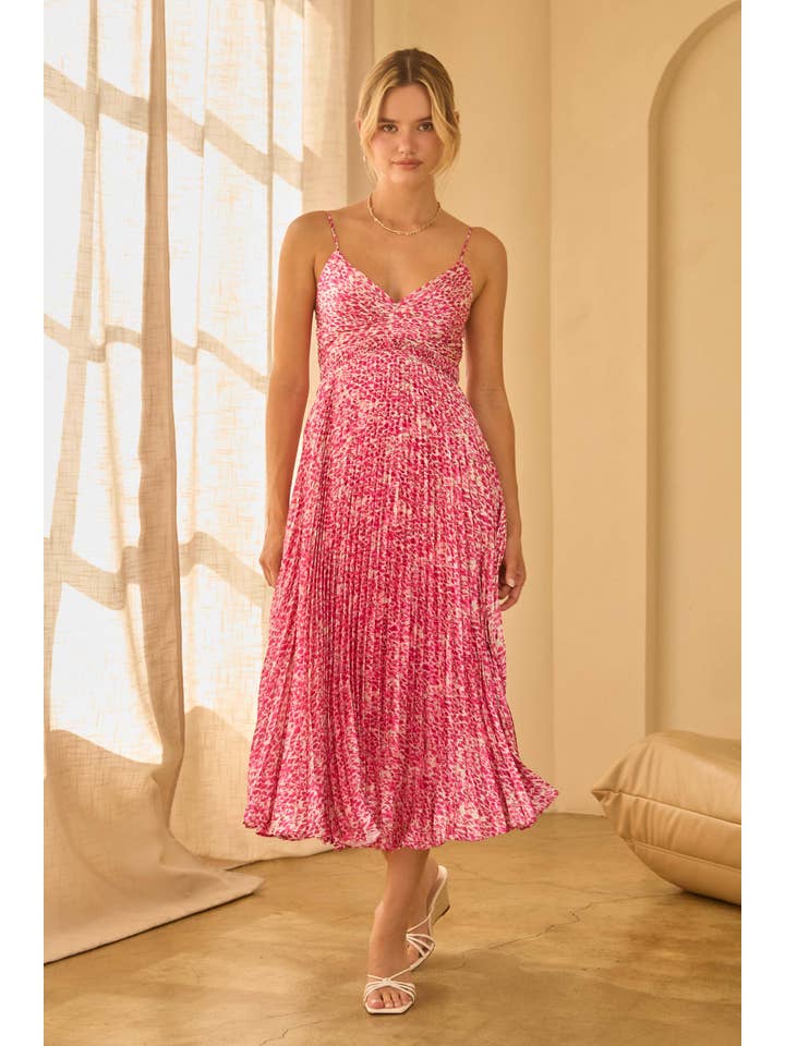 Mixed Berry Sleeveless Pleated Midi Dress with Back Cutout for wholesale on Faire