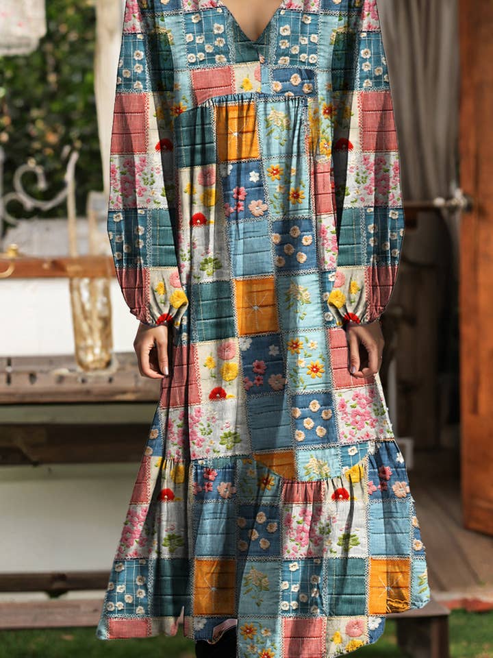 Floral Checkered Pattern Bubble Sleeve Ruffle Hem Dress for wholesale by fashionworks