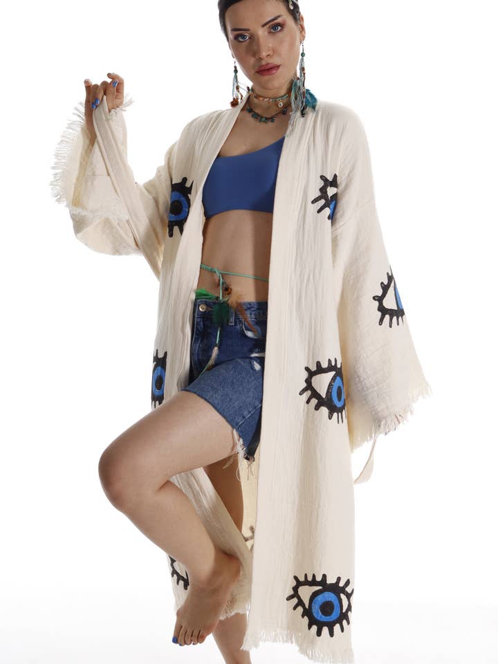 Pure & Chic, LLC - Miyawfashion - Wholesale Kimono - Women's - Evil Eye Organic Cotton Beach Kimono: Handmade Robe for Eco