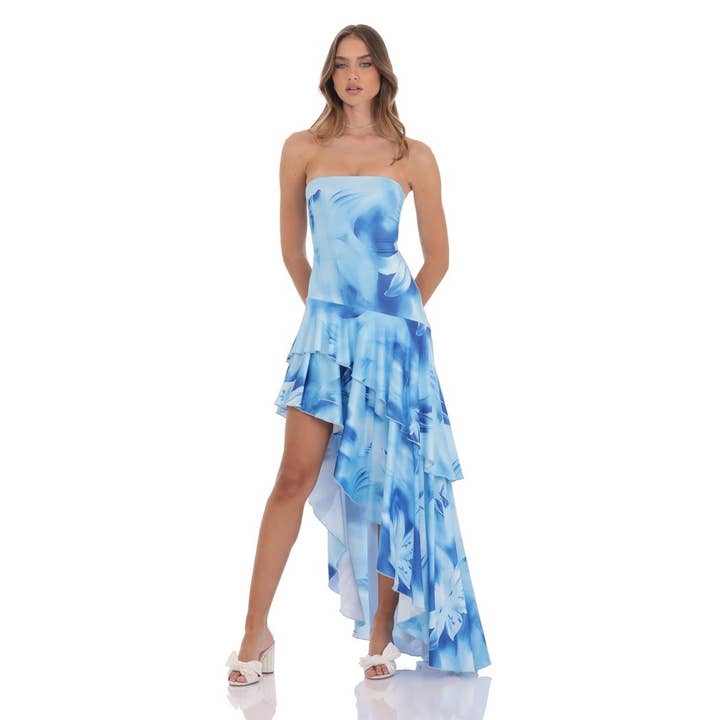 Floral Strapless Ruffle Asymmetrical Maxi Dress in Blue for wholesale by Lucy In The Sky