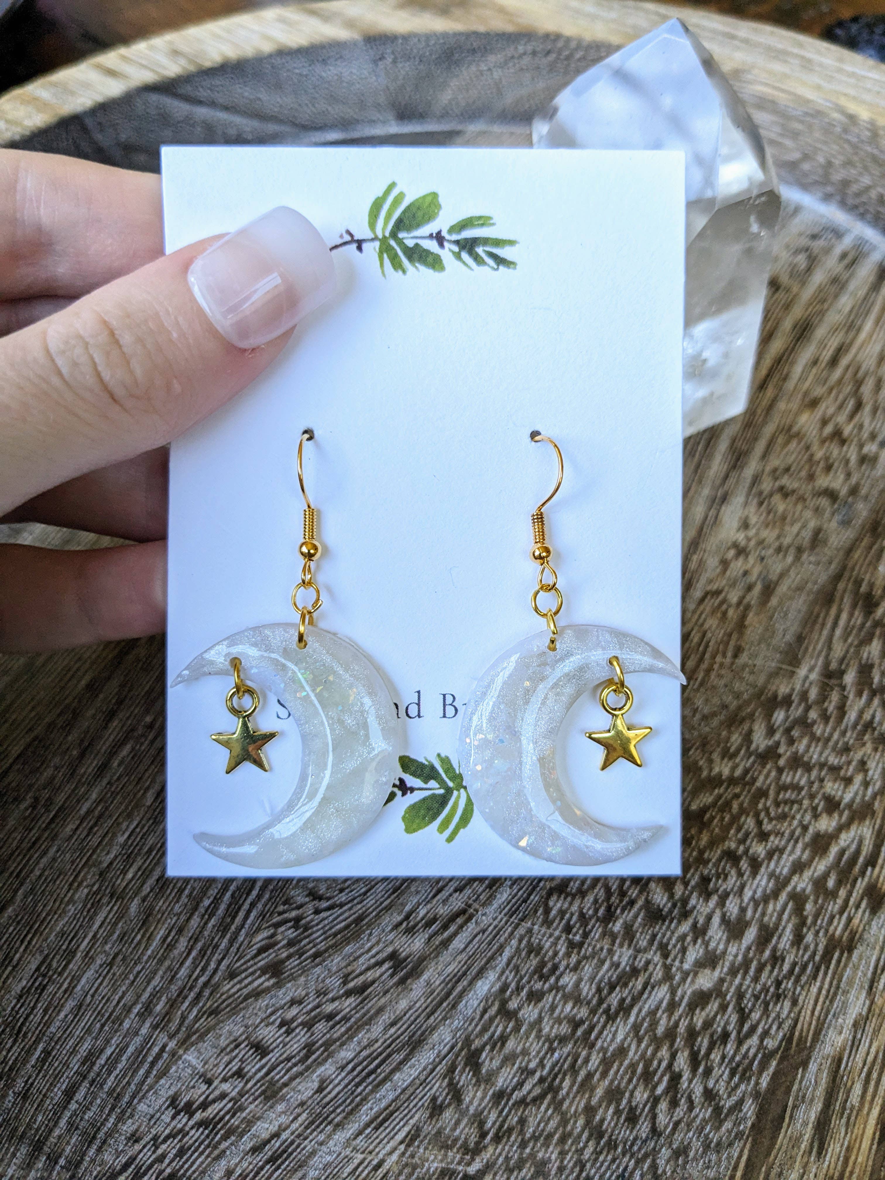 Stag and Branch - Wholesale Dangle Earrings - Pearlescent Cresent Moon and Star Polymer Clay Earrings3