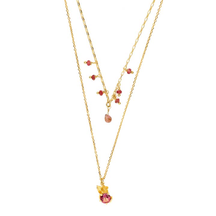 Collar de doble hilo con colgante Topacio Rosa 1ct | Viva la Vida para venta al por mayor de ISHWARA JEWELS