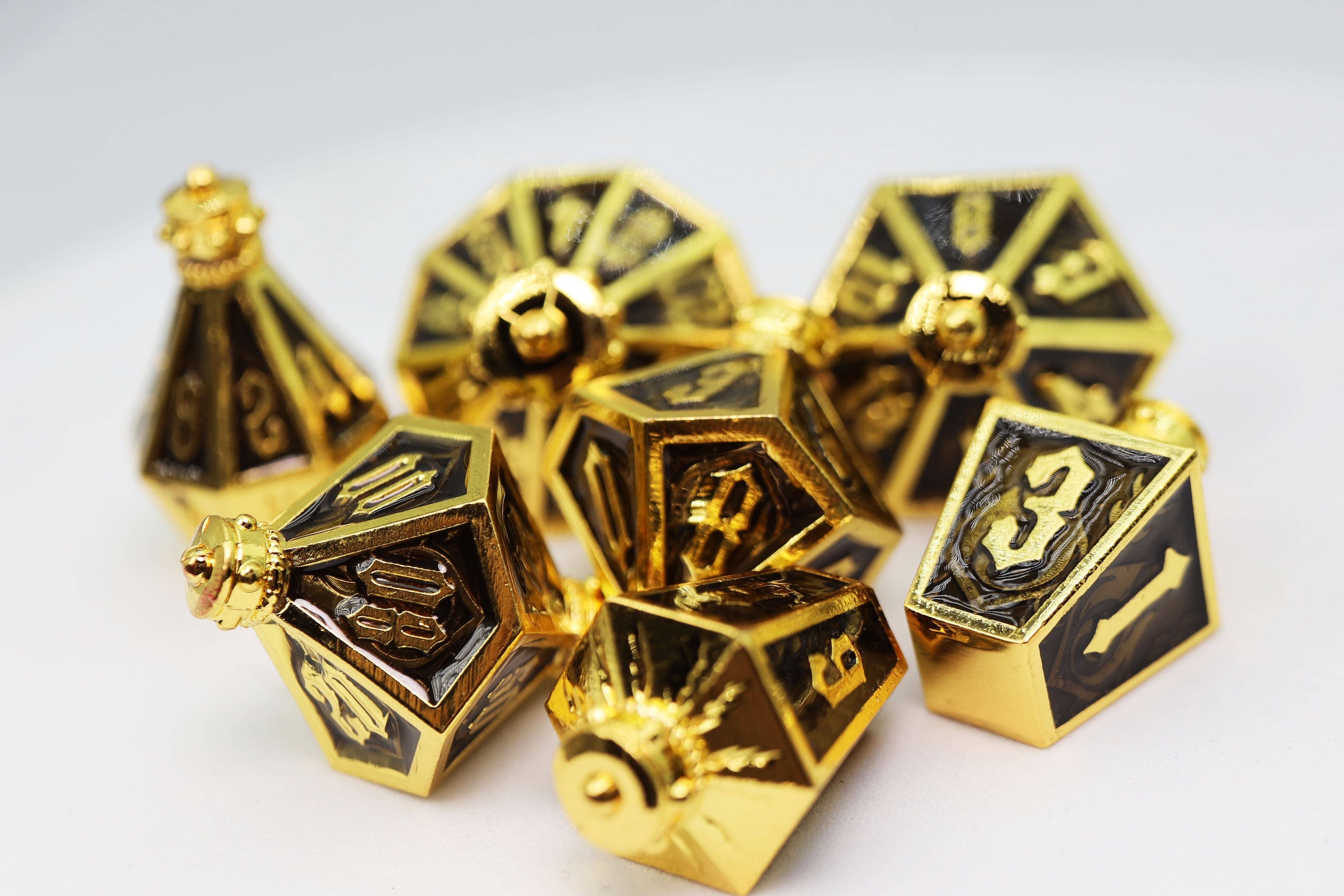 Foam Brain Games - Wholesale Dice - Moonlit Lantern: Golden Earthen Flame - Metal RPG Dice Set2