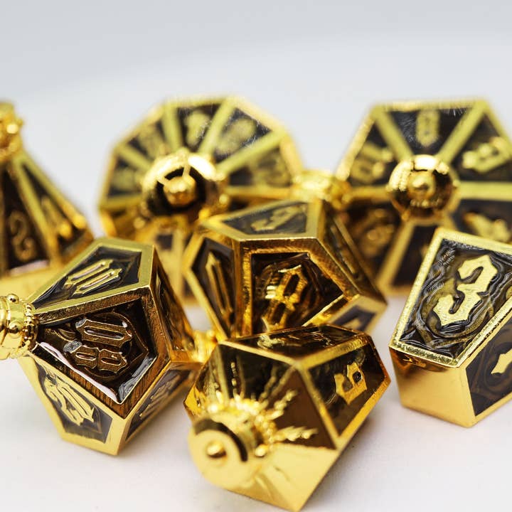 Foam Brain Games - Wholesale Dice - Moonlit Lantern: Golden Earthen Flame - Metal RPG Dice Set2