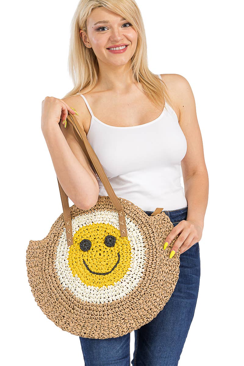 Cap Zone - Vendita all'ingrosso Borsa da spiaggia - Borsa da spiaggia rotonda in rattan con faccina sorridente1