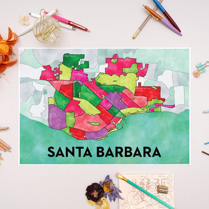 Santa Barbara Neighborhoods Map Art Print for wholesale by Terratorie Maps + Goods