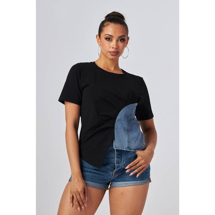 TEE-SHIRT CONTRASTÉ EN DÉNIM RIFT pour la vente par Esmeray Clothing