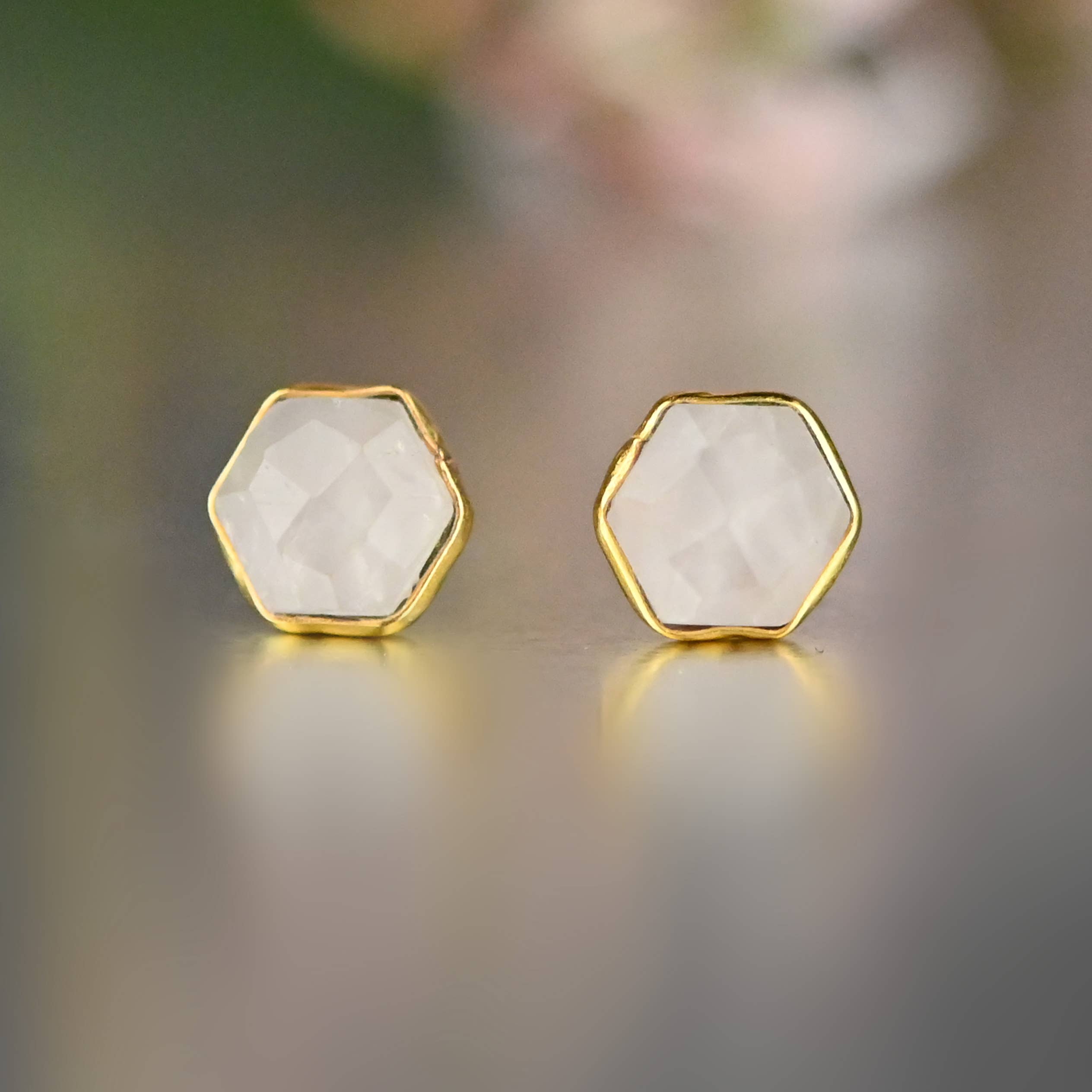KBD Studio - Wholesale Stud/Post Earrings - Semi Precious Hexagon Gemstone Studs (8mm gold)2