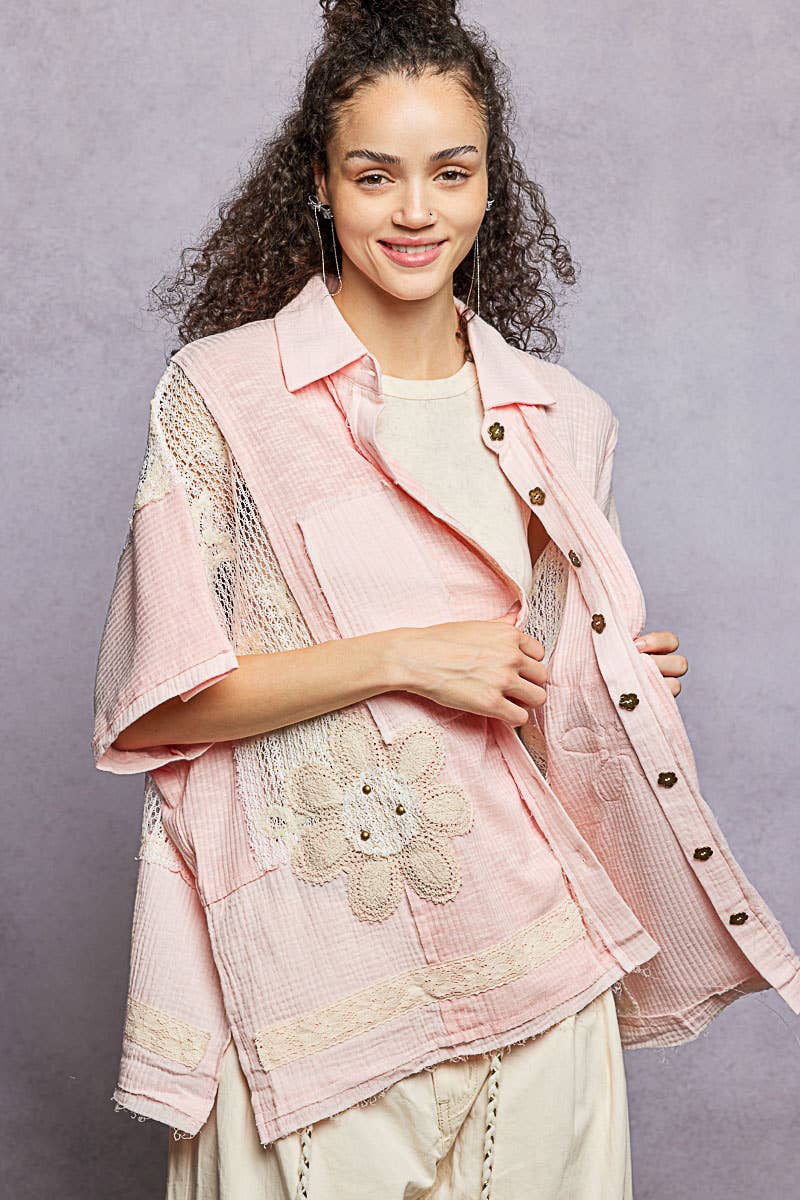 Pol Clothing - Wholesale Button Down Shirt - Women's - Collared Studded Button-down Short Sleeve Knit Shirt Top15