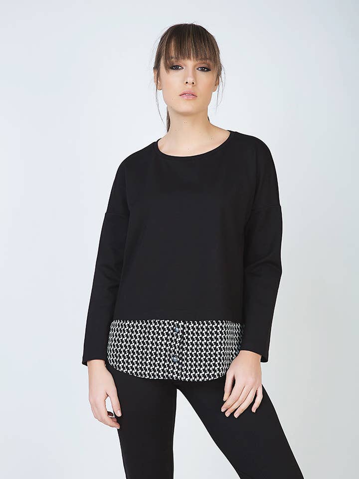 Houndstooth Og Knap Detaljer Langærmet Top for engroshandel hos conquista