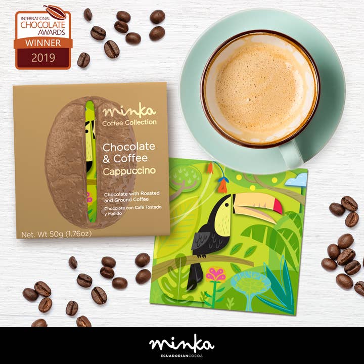 TABLETTE DE CHOCOLAT CAPPUCCINO - CAFÉ ARABICA - CARTE POSTALE TUCAN - ENTIÈREMENT NATURELLE - CASHER - 1,76 OZ X 6 pour la vente par Minka Chocolates