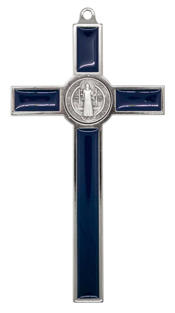 Village Gift Importers - Wholesale Wall Cross - 5.25" Silver-Tone St. Benedict Crucifix with Colored Enamel1