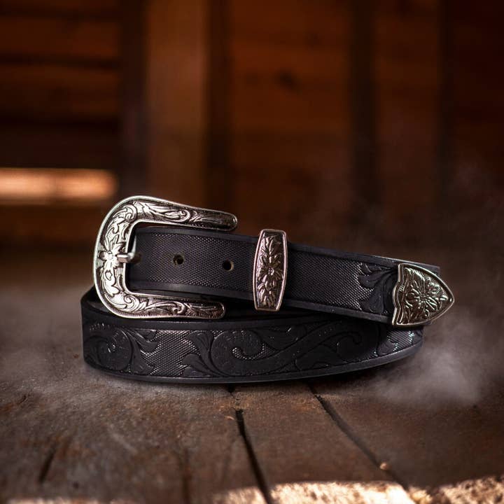 NAB LEATHER - Wholesale Belt - Unisex - Cassidy - Western Black Hand-tooled Full-Grain Leather Belt