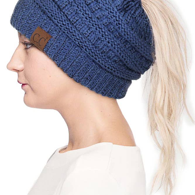 Hana – wholesale Beanie – Women's – C.C Metallic Messy Bun Ponytail Beanie3