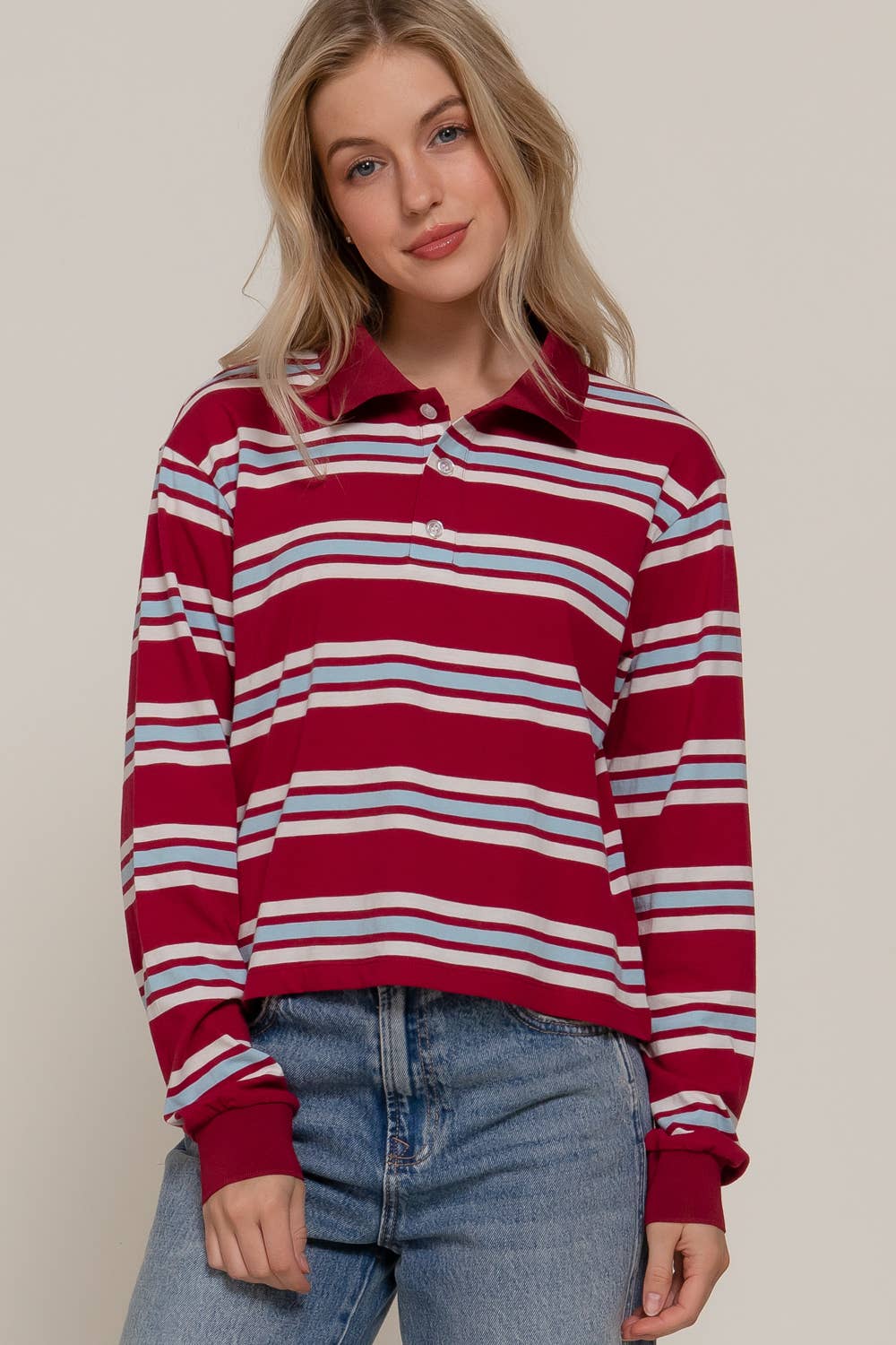 Active Basic | Active USA - Wholesale Polo - Women's - Long Sleeve Multi Stripe Polo Top0