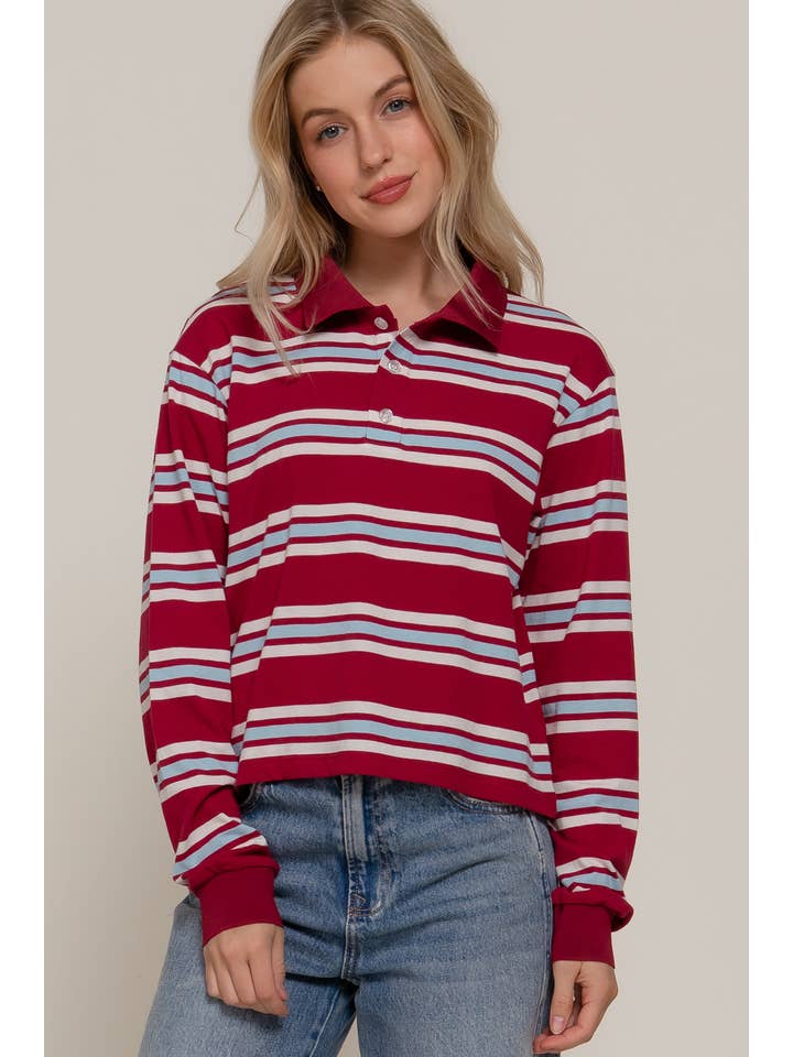 Active Basic | Active USA - Wholesale Polo - Women's - Long Sleeve Multi Stripe Polo Top