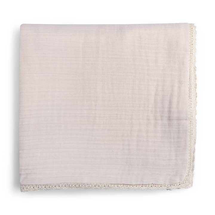 Organic Cotton Muslin Blanket - Oat + Ivory Lace for wholesale by Makemake Organics