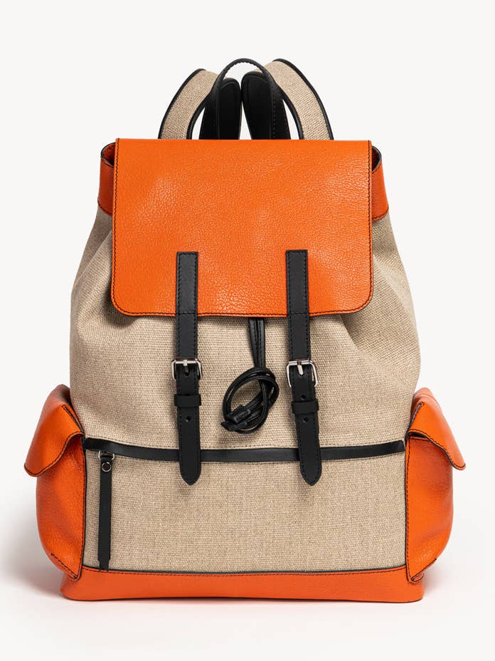Großer Rucksack aus Stoff und Leder - Beige und Orange für den Großhandel von Sapaf