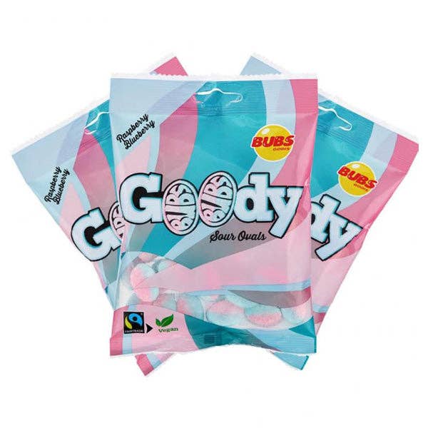 Showcase - Wholesale Gummy - BUBS Godis: Sour Raspberry & Blueberry Goody Ovals (90g)
