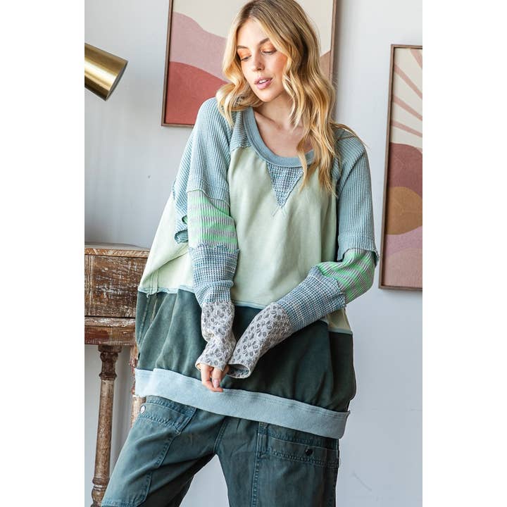 WASHED COLORBLOCK DETAIL MIX MEDIA PULLOVER TOP for wholesale by Oli&Hali