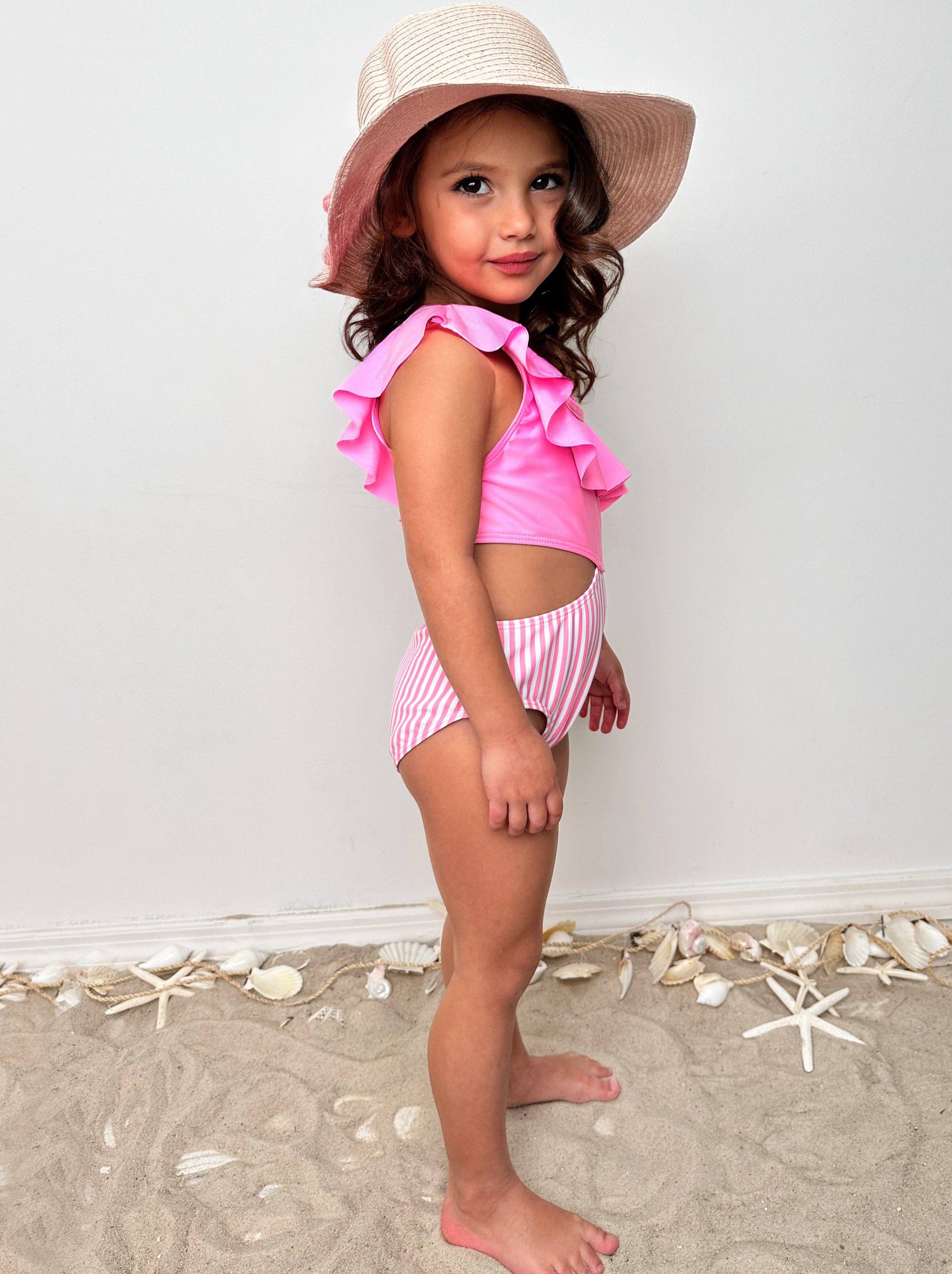 Pink Swimsuit w/ Stripe Details, Cut-Outs, & Ruffles for wholesale on Faire2