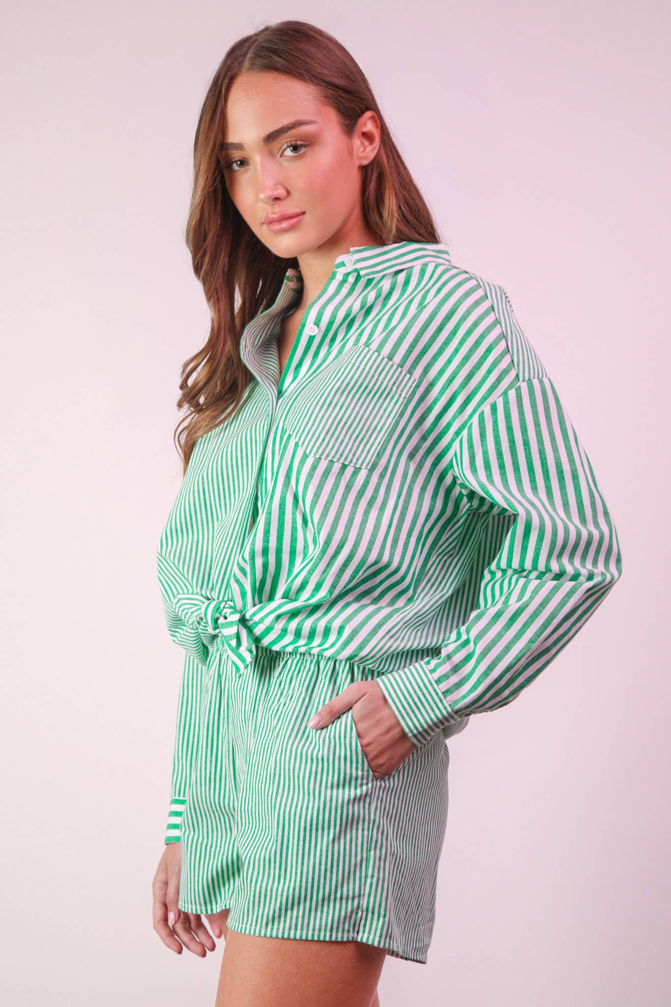 VERY J - Wholesale Lounge Set - Women's - NT12020SET-Striped Oversized Comfy Shirt Top & Shorts Set9