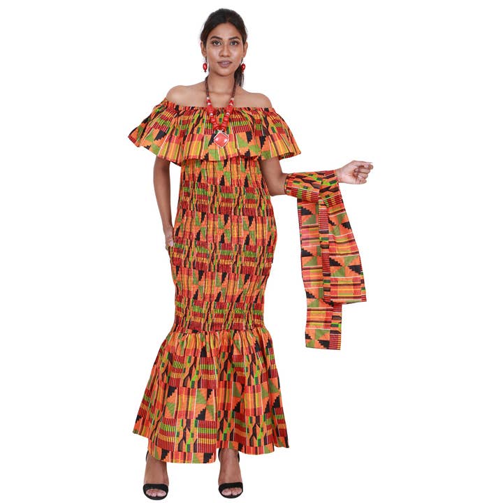 African Stars - Wholesale Dress - Women's - Women's Printed Smocking Off Shoulder Mermaid Dress - FI-P500773