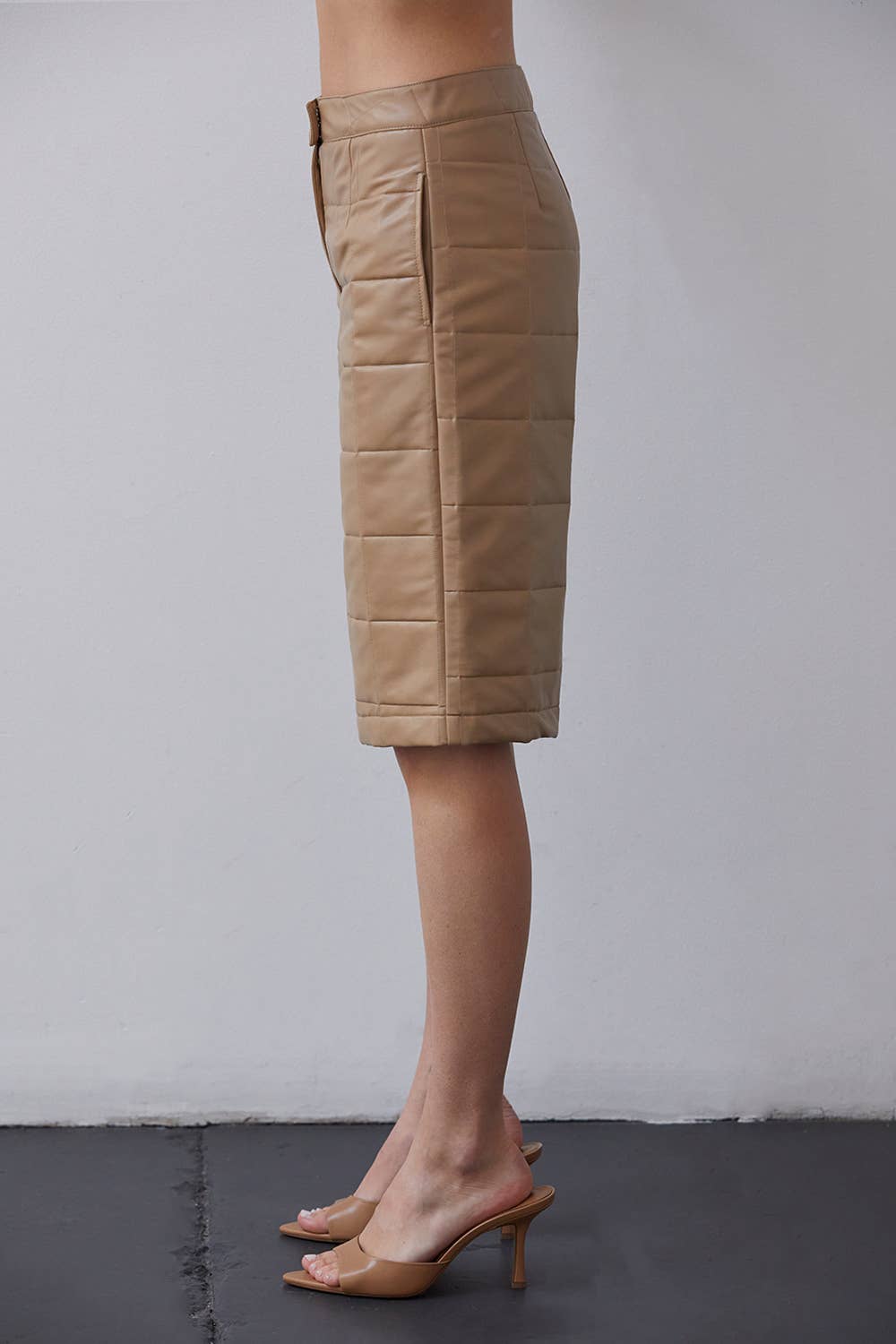 BEIGE CP8184 - Amanda Vegan Pu Leather Bermuda Quilted Shorts for wholesale on Faire4