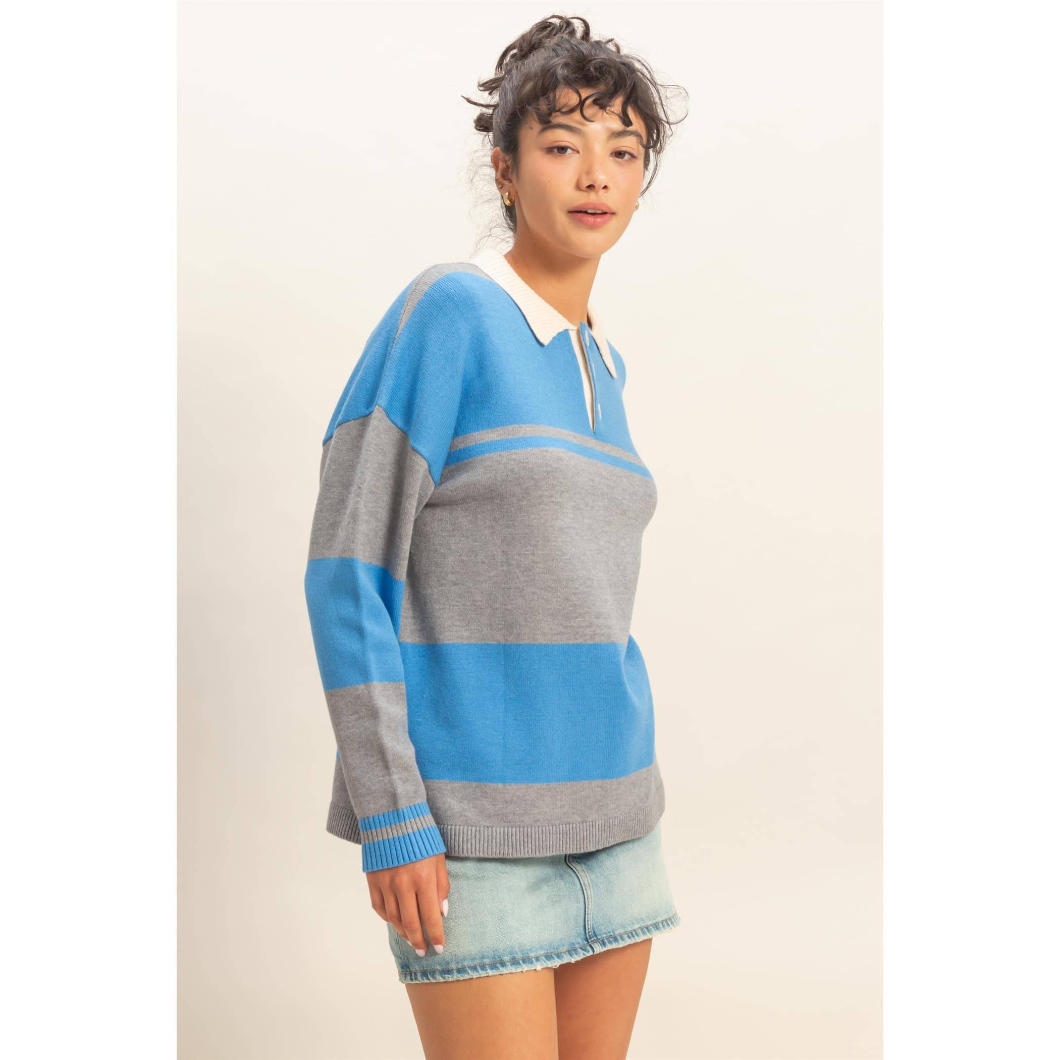 HYFVE - Wholesale Knit Sweater - Women's - Contrasting Striped Sweater With Polo Collar1