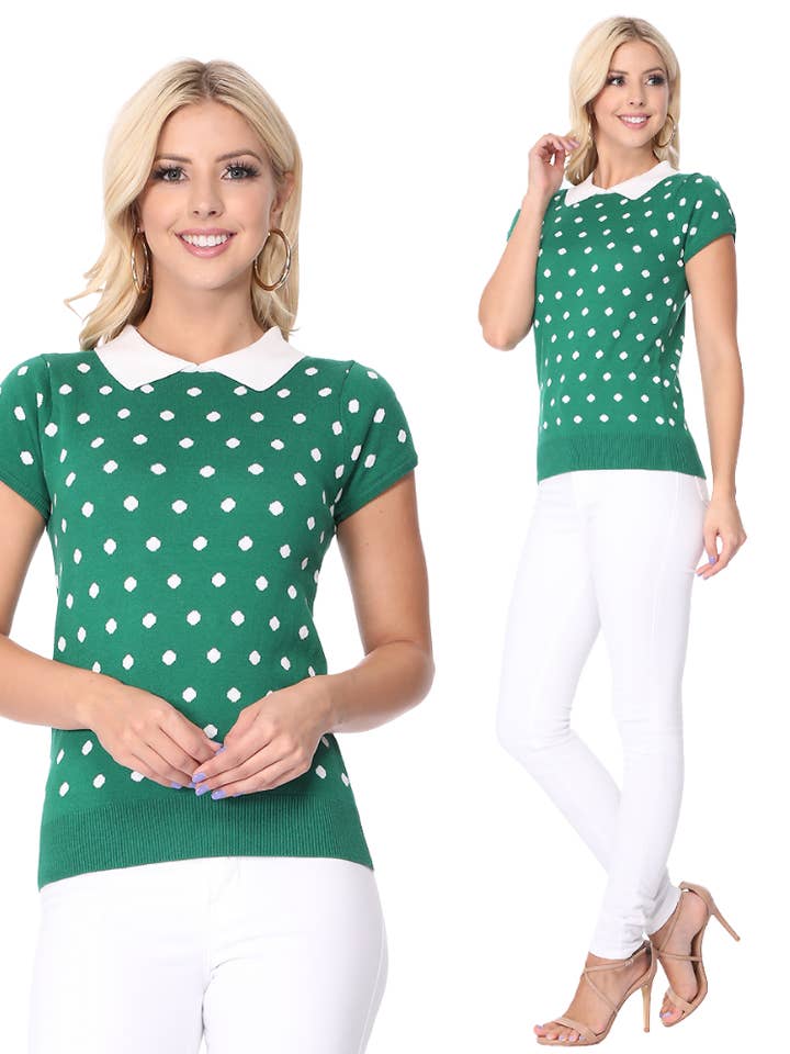 Mak - Vente Pull en maille – femme - Pull en jacquard à pois à manches courtes MK36731