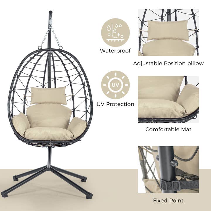 39F Inc. - Wholesale Egg Chair - Beige Wicker Hanging Egg Chair with Stand for Indoor Outdoor11