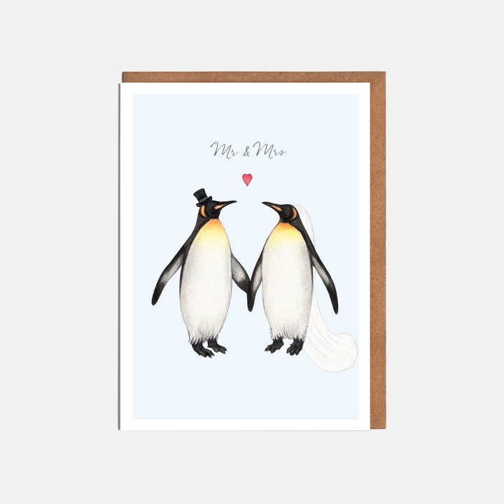 Penguin Mr & Mrs Wedding/Congratulations Card - 'Mr & Mrs' for wholesale by Lottie Murphy
