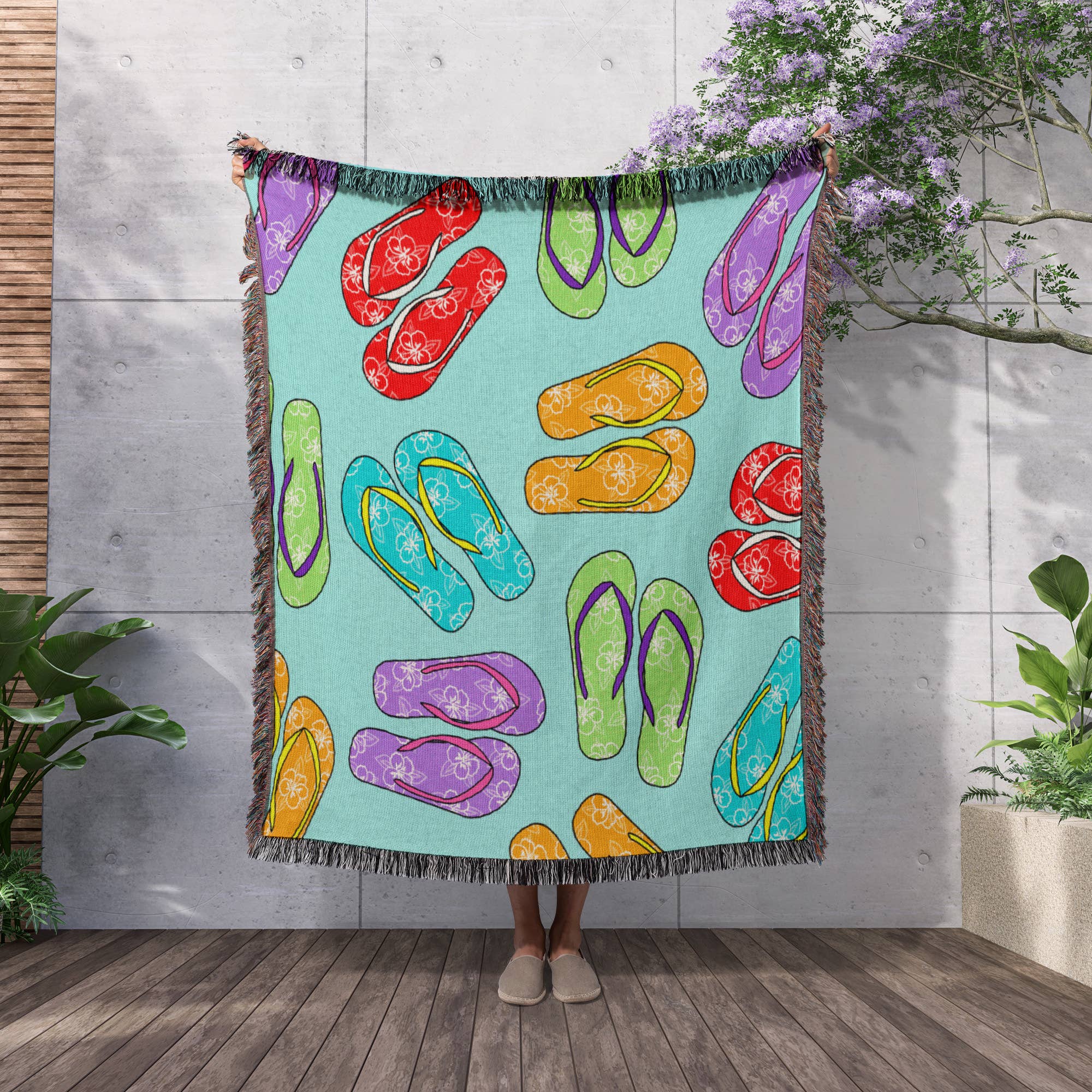 3dRose – Großhandel Überwurfdecke – 3dRose, Buntes Flip-Flop-Muster - Blauer Hintergrund, Decke2