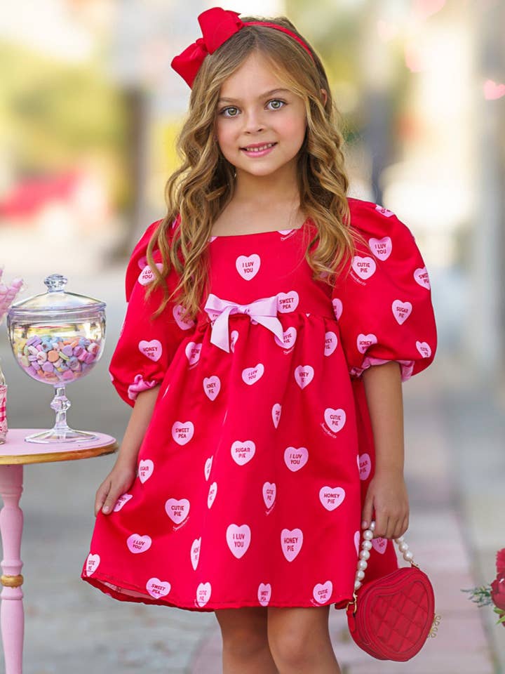Sweethearts Puff Sleeve Valentine's Day Dress for wholesale by Mia Belle Girls • Wholesale
