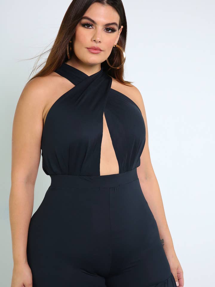 Black Memories Crossover Ruffled Jumpsuit for wholesale on Faire