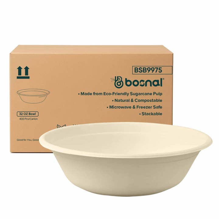 Bosnal 32 Oz Round Bagasse Bowls, Case of 16 (400 Pcs) for wholesale by Bosnal