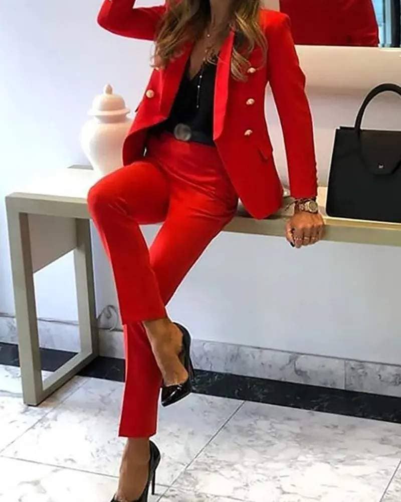 Fashion Combination - Wholesale Top & Skirt Set - Women's - shawl collar double breasted blazer pants set3
