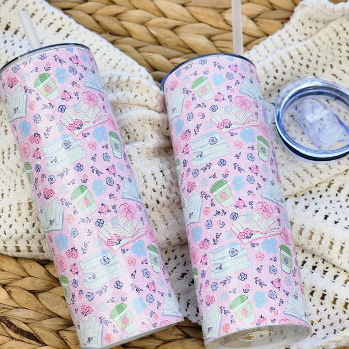 Tumbler - Pink Coffee Bookish Pattern 20 Ounce Drinkware for wholesale by Be Kind Booktique