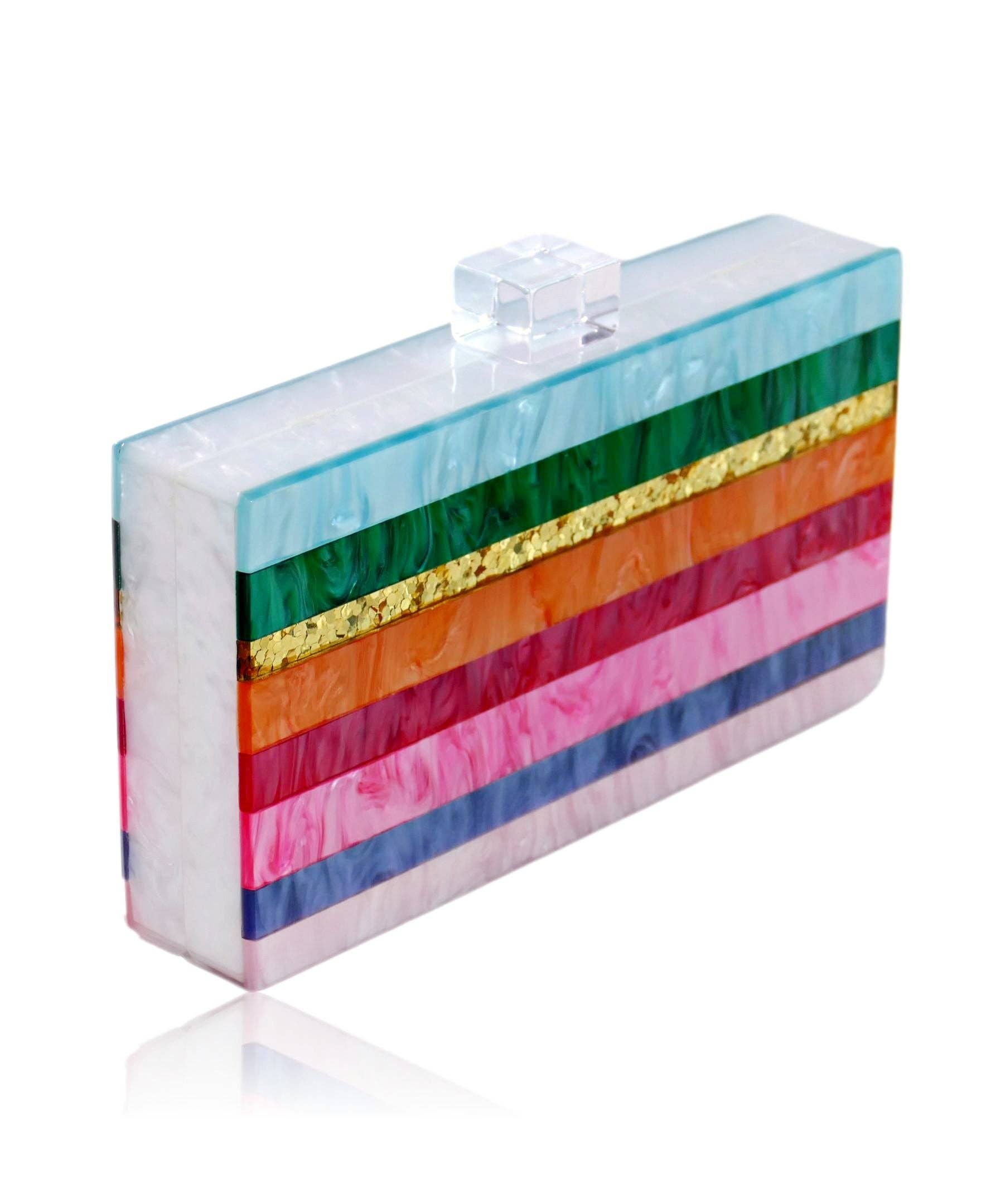 Milanblocks LLC – Großhandel Clutch – Damen – Träumende Regenbogenstreifen Damen Acryl Box Clutch1