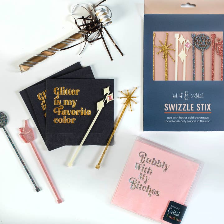 Mod Lounge Paper Company - Wholesale Drink Stirrer - Champagne Glitter Acrylic Beverage Mixing Swizzle Stix